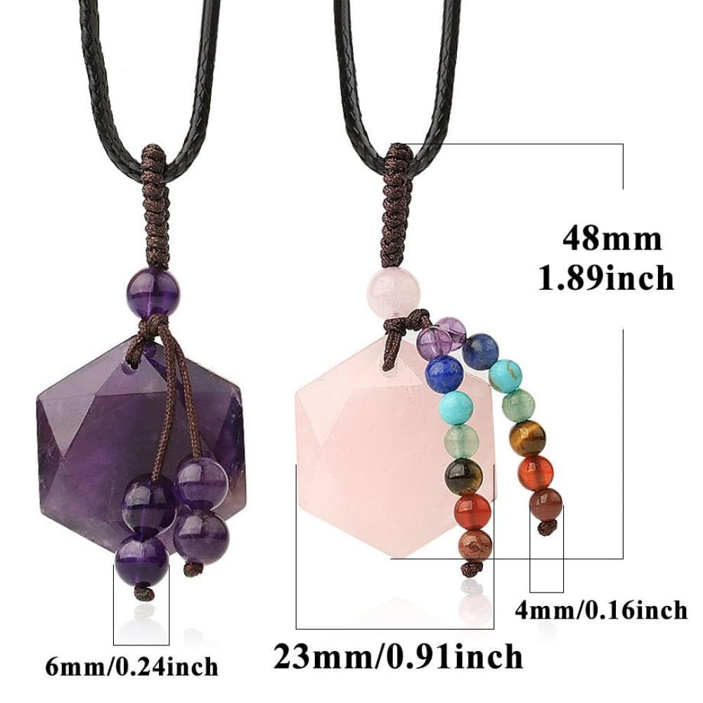 Collar Colgante de Cristal Rosa Tejido Hecho a Mano para Mujeres - Collar Colgante de hexagrama facetado de Piedra Natural con Siete Regalos de joyería de Borde de Piedra de Chakra para San Valentín