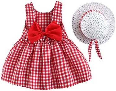 Toddler Baby Girls Holiday Dress with Straw Hat Rainbow Backless Tutu Sundress Flower Birthday Party Princess Clothes Hawaiian Beach Casual Dresses for Kids Photo Shoot Red Plaid 12-18 Months