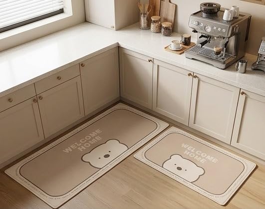 Image of HomeCloud Kitchen Rectangular Mat: Premium Anti-Slip, Soft, Washable, Designer Printed Mat for Floors, Kitchens, and Rooms - (6mm Thick, 41x122 cm and 41x61cm) (Welcome Home Beige)