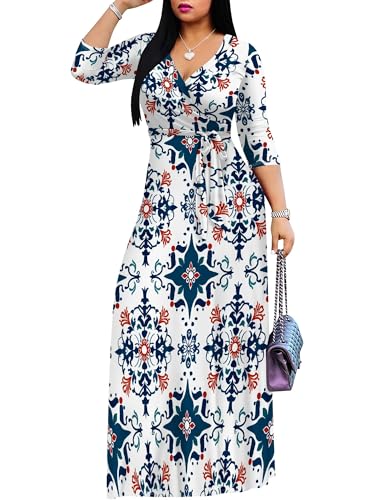Image of PinkPatty Plus Size Maxi Dress for Women Casual V Neck 3 /4 Sleeve Boho Printed Long Dress with Pockets