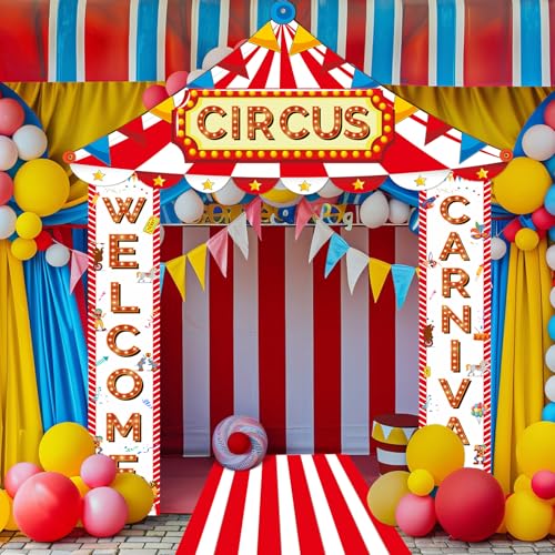 Image of Fanfanwin 4 Pcs Carnival Circus Tent Decorations Carnival Entryway Door Party Decor Awning Hanging Banner Aisle Runners Supply for Circus Theme Birthday Celebration(Welcome)