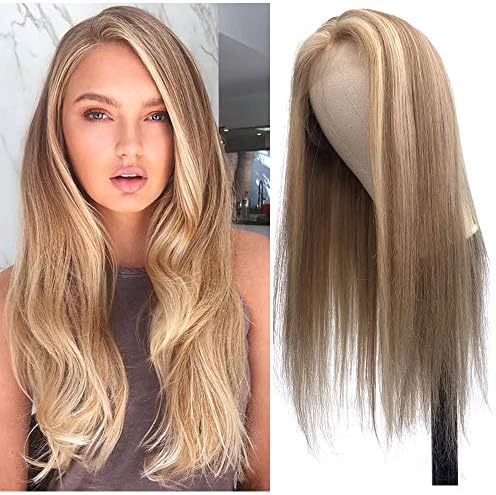 Long Straight Lace Front Wigs Pre Plucked with Baby Hair Ombre Ash Brown to Blonde Highlights Lace Part Wigs Glueless Vigin Human Hair 13x1 Deep Part Lace Wig Middle Part for Women 24" 150% Density