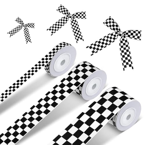 Black and White Checkered Ribbon 3 Rolls Racing Car Theme Printed Plaid Buffalo Polyester and Cotton Ribbon for Crafts Party DIY Wreath Decoration Gift Wrapping