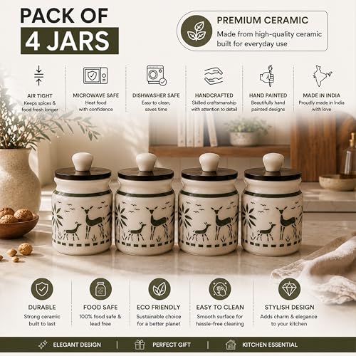 Image of Ceramic Kitchen Jars for Storage | Air Tight Containers with Wooden Lids | Masala, Salt, Pickle, Dry Fruits & Multi Utility Items Organiser Set (Hand-Painted, Green Deer, 450 ML, Pack of 4)