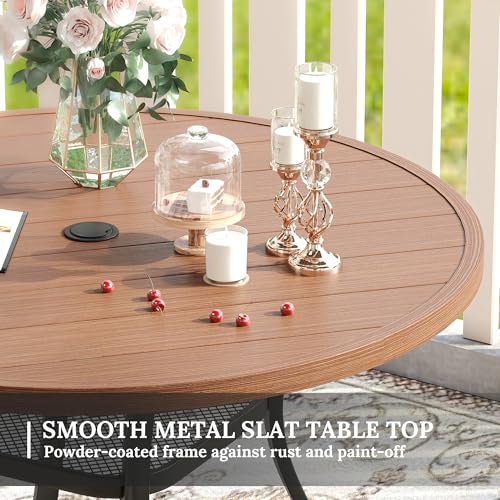 Image of VICLLAX 47.2 inch Round Patio Table for 6, All Weather Metal Outdoor Dining Table with Adjustable Umbrella Hole, Walnut Wood-Like Tabletop