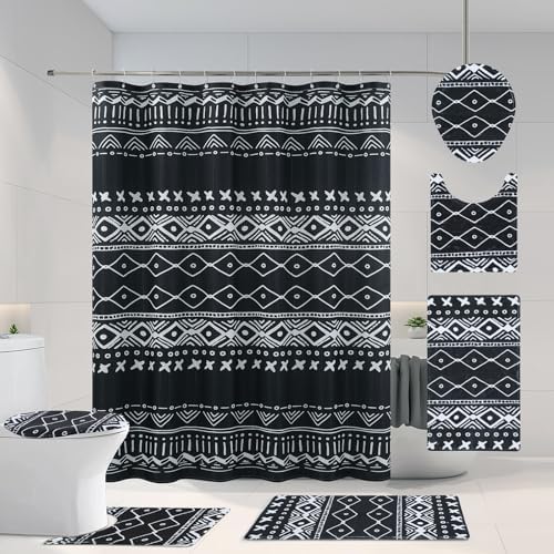 Home Queen 5 Pcs Shower Curtain Set with Rugs, Black Bathtub Shower ...