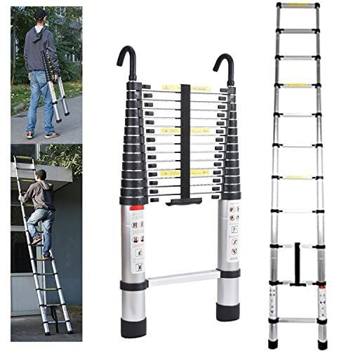 Échelle Escamotable, 5 Mètre Échelle Télescopique en Aluminium Échelle de Grenier avec Crochets de Toit Extension Ladder Couleur d'origine Argent - 150kg Charge Maximale Cover