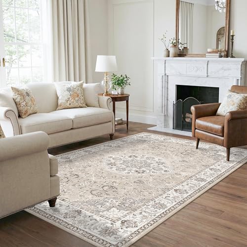 Image of Washable 5x8 Living Room Area Rug: Vintage Water-Resistant Soft Rug for Bedroom Dining Room Non Slip Apartment Low Pile Carpet Thin Floor Mat for Dorm Home Office Printed Beside Rug(5x8，Beige)