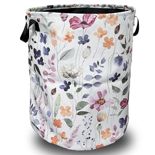 Image of Watercolor Floral Laundry Basket Foldable With Handles Tote Bag Oxford Cloth Cute Flowers Laundry Hamper Clothes Storage Bucket Toy Organizer 18.9" x 16.5" For Bathroom/Laundry/Bedroom