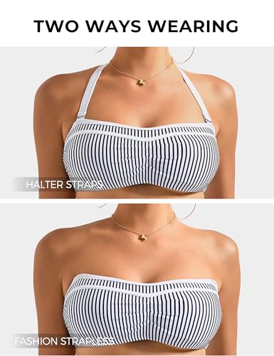 SUUKSESS Women Sexy High Waited Bandeau Bikini Sets Halter High Cut Two Piece Swimsuit Colorblock Push Up Bathing Suit(Navy Blue Black,L - Image 2