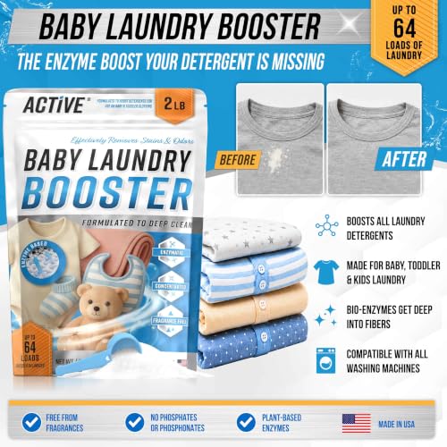 Image of Baby Laundry Detergent Booster - ACTIVE Enzyme Stain & Odor Remover for Infant, Newborn, Toddler & Kids Clothes, Fragrance Free Sensitive Laundry Soap, 2-lbs Unscented Powder Made in USA - 64 Loads