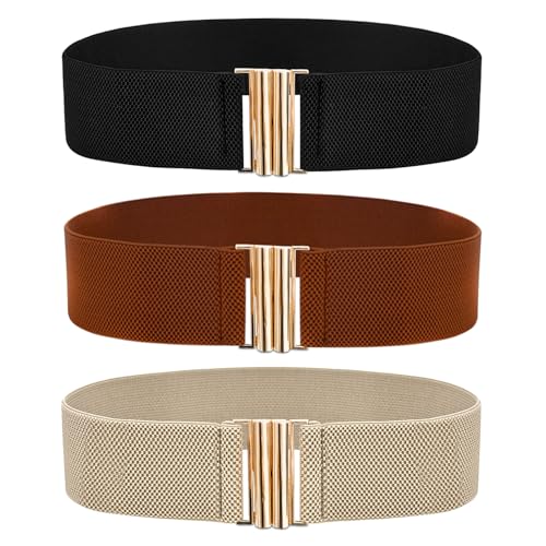 3 PCS Wide Stretchy Belt for Women Vintage Elastic Belts for Dresses Stretch Waist Belt with Golden Buckle Black Khaki Brown