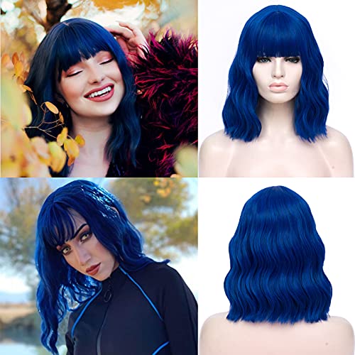 Perruque bleue avec frange style ondulé, volume naturel et bonnet de protection inclus