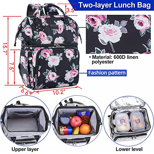 Image of AmHoo Insulated Lunch Box Cooler Backpack Waterproof Leak-Proof Lunch Bag Tote for Men Women Hiking Beach Picnic Trip with Strongest YKK Zipper Rose Flower Pattern
