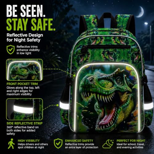 Image of 3Pcs Dinosaur Backpack for Boys, 16 inch Kids Bookbag for Elementary Preschool Kindergarten, School Backpacks with Lunch Box (Green)