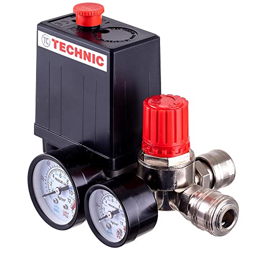 TC TECHNIC Regulador de presión, interruptor de compresor de aire, 2 manómetros, automático, negro