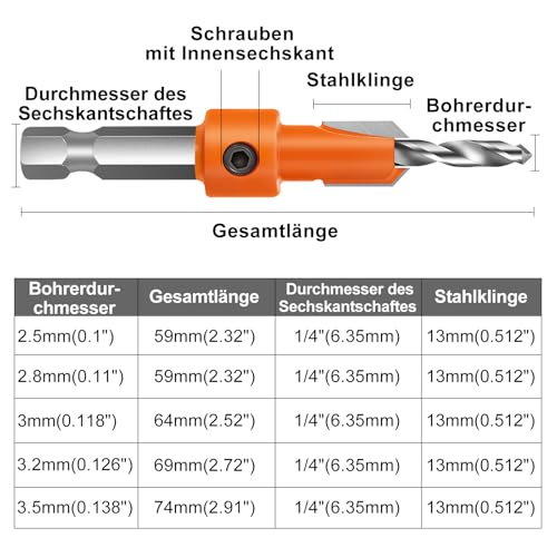 10 tlg. Senkbohrer-Set, Holzbohrer, Senkbohrer für Holz, Senkbohrung mit Sechskantschaft Bohrer mit Senker Kegelsenker Set für Holz, Pressspan, verdichteter Karton, Kunststoff