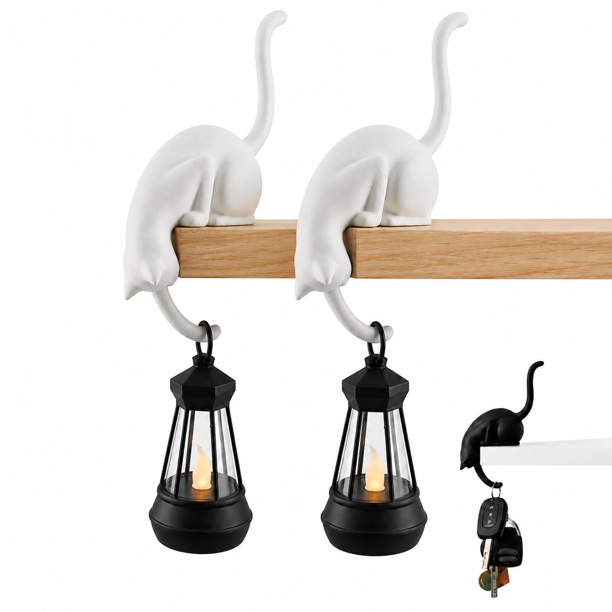 Cat Shelf Hook with Vintage Lantern, Cute Cat Hook Shelf Decor (2pcsA)