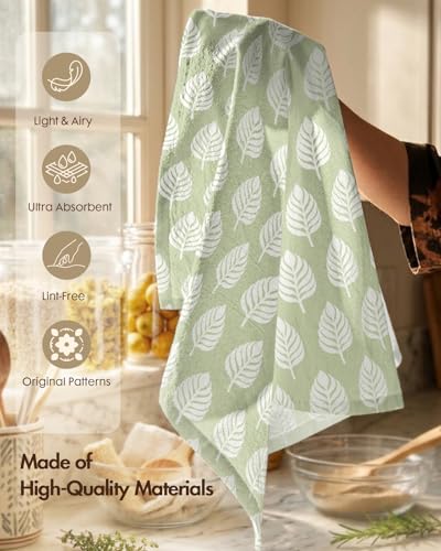 Image of Miss Adola 2 Pack Flour Sack Kitchen Towels - 16x26 Inch Cotton Dish Towels with Hanging Loop Reusable Geometric Boho Modern Retro Tea Towel Absorbent Dishcloths Home Decor, Green Leaf
