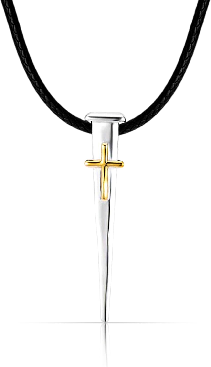Silver Cross Necklace for Men – 925 Sterling Silver Jerusalem Nail Cross Pendant with Gold-Plated Detail on Black Leather Cord | Christian Faith & Valentine’s Day Gift for Him