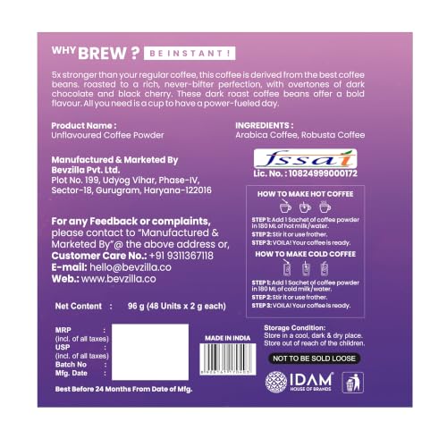 Image of Bevzilla 48 Sachets Dark Wish Instant Coffee Powder (48 X 2g Sachets) X 96 Assorted Instant Coffee Powder Sachets (96 X 2g Sachets)| Hazelnut, Classic, Vanilla & Butterscotch| Hot & Cold Coffee| 100 % Arabica Coffee| Strong Coffee| Best Coffee| Espresso, Latte, Cappuccino