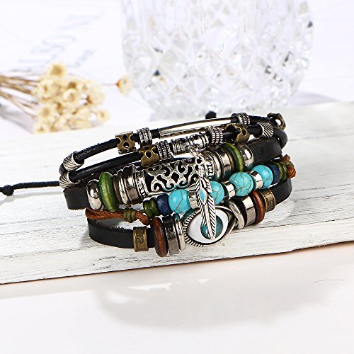 SOSUO Multilayer Leather Bracelet, Handmade Beaded Bracelet,Blue Eye Bracelet Vintage Hollow Carved Bracelet (Multicolor)4