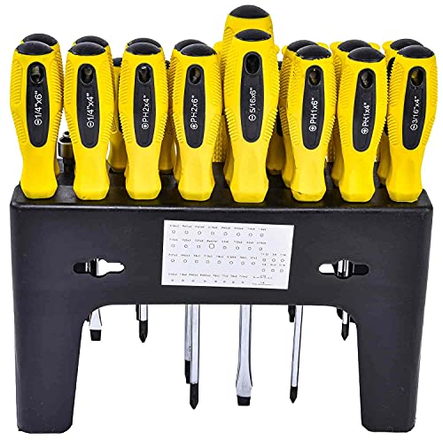 Jegs 100-Piece Screwdriver & Bit Set | Chrome Vanadium Steel Screwdriver Blades & Bits | Black & Yellow Double-Injected Handles | Includes Storage Rack #TOP2