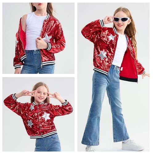Image of LOLANTA Girls Sequin Jacket, Long Sleeve Kids Bomber Coats with Pockets, Spring Fall Outfits for 4-15 Years