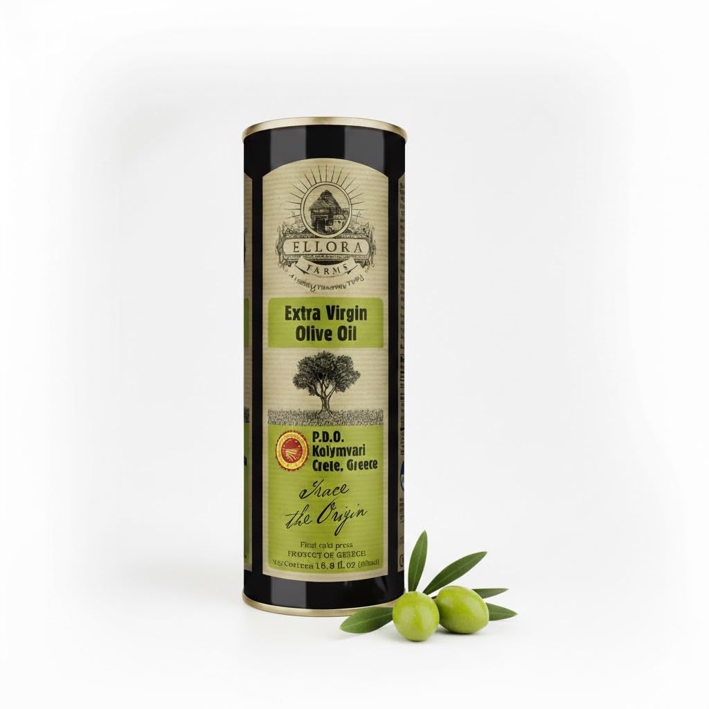 Ellora Farms, Certified PDO Extra Virgin Olive Oil, Single Estate, Single Origin, Single Variety, Cold Press & Traceable Olive Oil, Crete, Greece, Kosher CRETE 16.9 Fl Oz (Pack of 1)