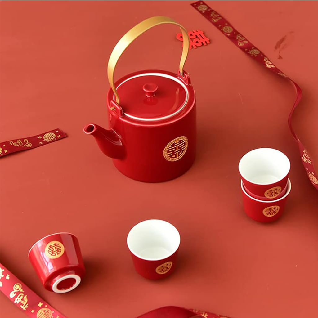 GVILTY Juego de té de porcelana roja china, juego de té chino Kung Fu, tetera doble felicidad, suministros de decoración de boda tradicional china, servicio de té de cerámica rojo 1-6 tazas