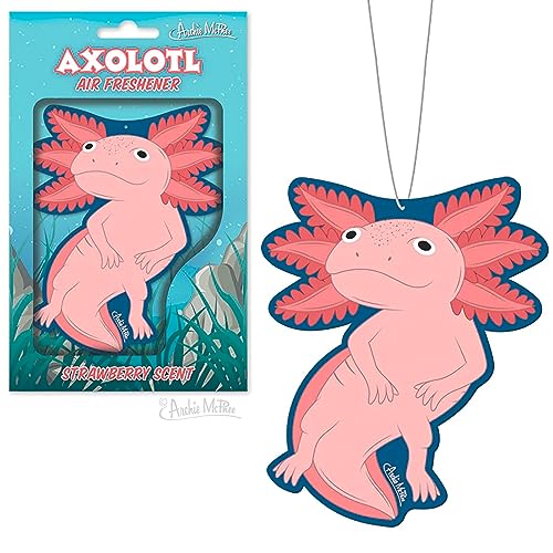 Image of Archie McPhee Hanging Axolotl Car Air Freshener - Smiling Pink Axolotl, Escape into Underwater Happiness - Scented with Sweet Strawberries (2 pack)
