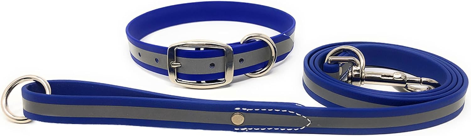 Regal Dog Products Large Blue Reflective Dog Collar and Leash Set - Waterproof Biothane Dog Collar with Heavy Duty Double Buckle, D Ring & 5ft Leash -