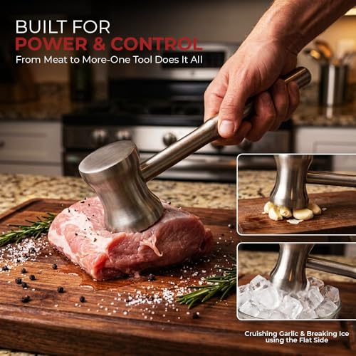Stainless Steel Meat Tenderizer Tool, Heavy Duty Meat tenderizer Mallet, Premium Meat Masher for Steak and Beef, Hammer Meat Pounder Ground beef chopper tool for Kitchen Cooking Dishwasher Safe by one Source unlimited - Image 4