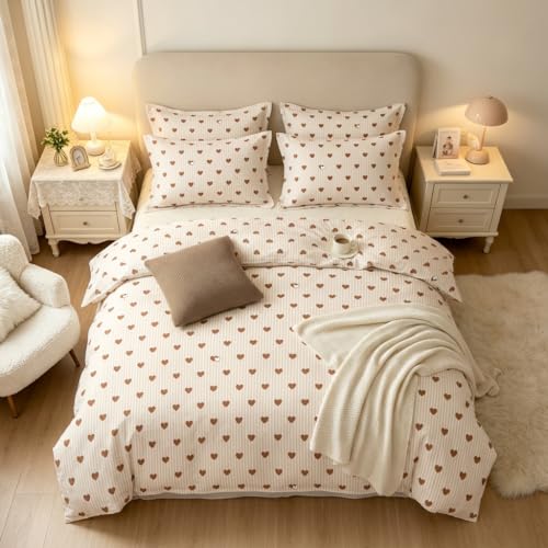 Image of Nayoroom Brown Heart Striped Duvet Cover Queen Size Girls Cute Aesthetic Dorm Bedding Set 3 Pieces Soft Lightweight Microfiber Farmhouse Duvet Cover