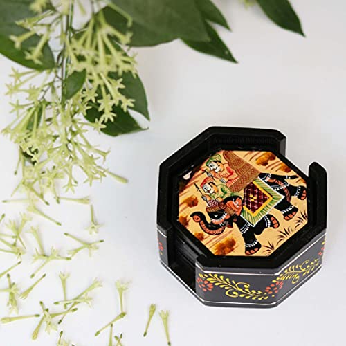 Image of Swadeshi Blessings Wooden Octagonal Coffee /Tea Coasters Set- Handcrafted & Hand-Painted for Kitchen /Table & Home Decor /Dinning /Gifts /Restaurants /Living Room /Coffee Table (Set of 6) (Black)