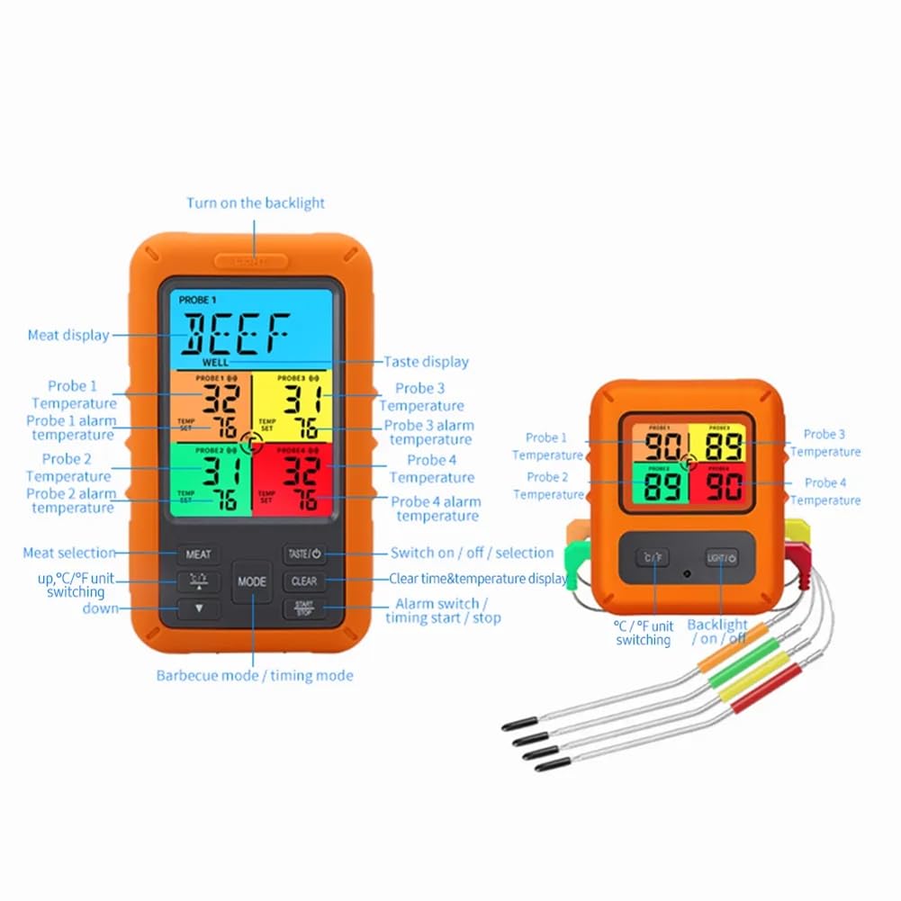 Termometro digitale per carne, per barbecue, con timer, 4 sonde, allarme di temperatura, termometro da cucina (A) facile da usare