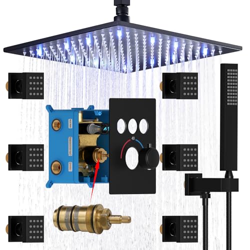 Sistema de Ducha Termostática Enga con Jets Corporales, Ducha de Techo LED de 12 Pulgadas con 6 Jets de Spray Corporal y Ducha Manual, Acabado Negro Mate miniatura 1