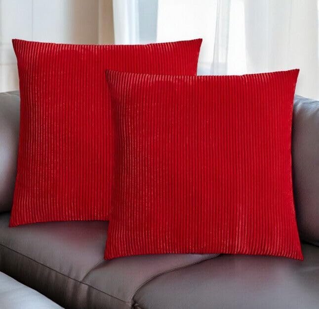 Seechoo Corduroy Cushion Covers Set of 2 40 x 40 cm Plain Soft Striped Assorted Colours (Red)