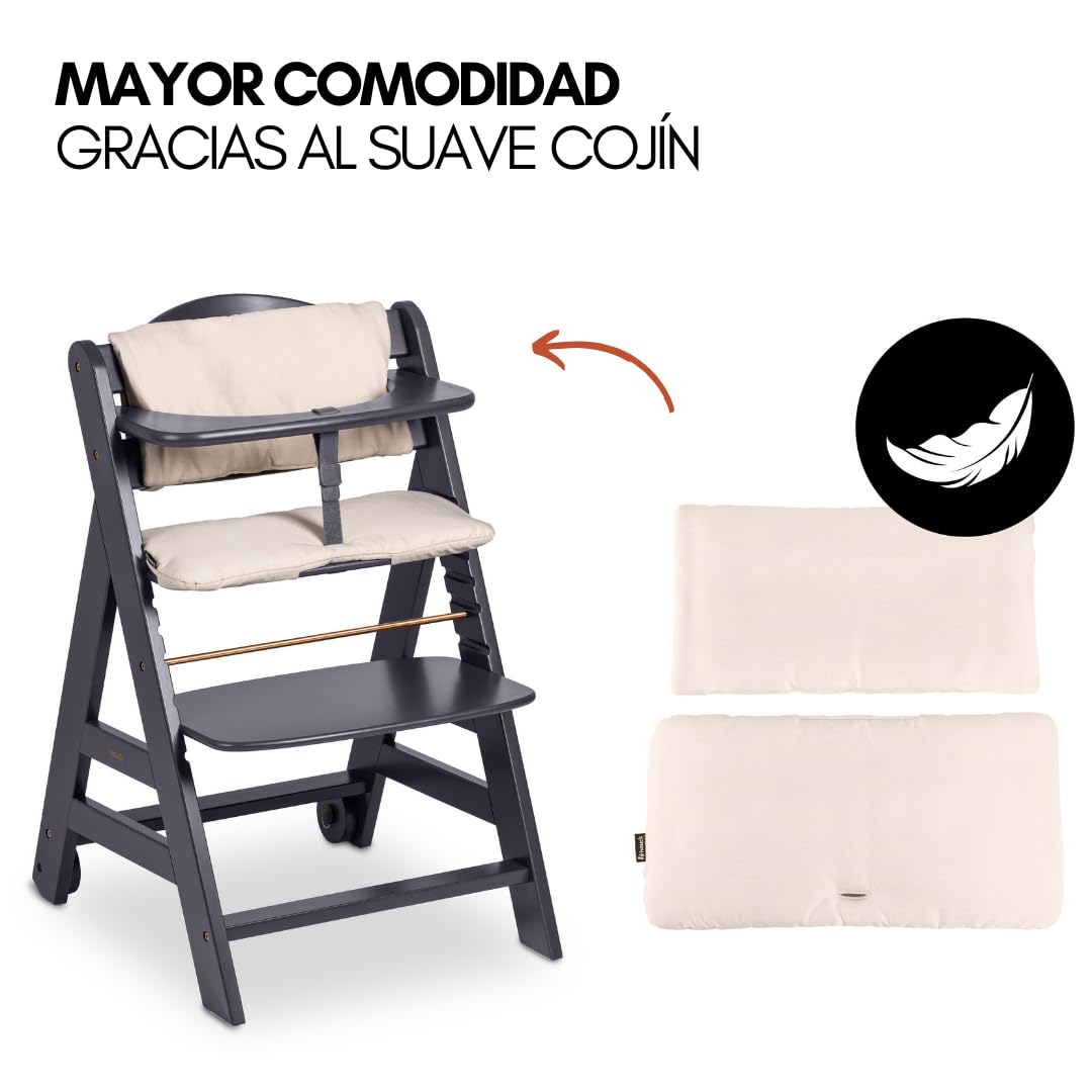 hauck Trona Beta Newborn Set de Trona Evolutiva Bebe apta desde el Nacimiento, Tronas de Bebe Evolutiva con Hamaca, Cojín y Bandeja, Silla Bebe Madera - Melange Grey