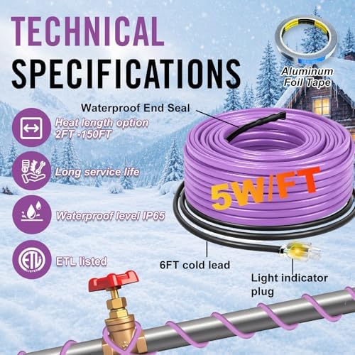 TOPDURE 28FT Water Pipe Heat Tape for Pipe Freeze Protection Energy-Saving Water Pipe Heat Cable Keeps Water Flowing at -40°F Self-Regulating Heating Cable Pipes - 4