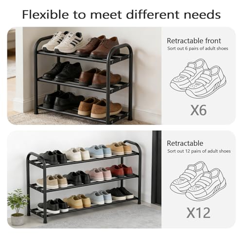 Tmefoy Schuhregal Schmal Ausziehbar Platzsparend, 3 Etagen Shoe Rack, Kleines Schuhregal Metall Schwarz, Schuhschrank schmales, Schuhständer geeignet für Flure Durchgänge Outdoor – Bild 5