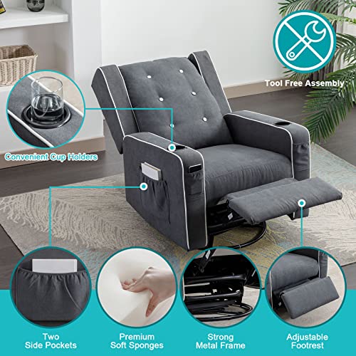 Vuyuyu Upholstered Glider Chair For Nursery, Swivel Rocking Recliner Chairs Manual Reclining Chair With Cup Holders/Side Pockets (Grey) #TOP4
