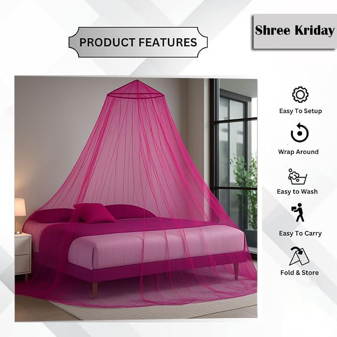 Image of Polyester Hanging Round Mosquito Net for Double Bed, King Size Bed (Dark Pink)