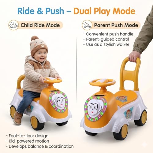Image of Kids Ride-On Push Car with LED Lights & Steering Wheel - Toddler Ride On Toy Car with Music, Storage Seat & Backrest, Indoor Outdoor Ride Toy for Boys & Girls (Ages 1.5-3)