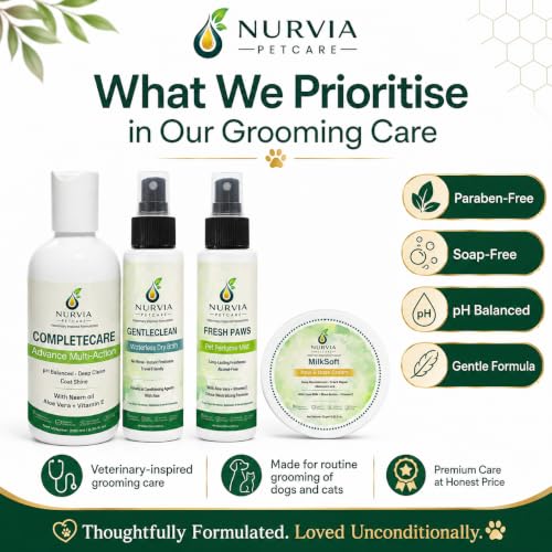 Image of Daily Dog Grooming Kit by Nurvia Petcare | 5-in-1 Shampoo + Waterless Dry Bath + Perfume Mist + Paw Balm | Neem Oatmeal Aloe Vera Goat Milk | Sulphate-Free pH Balanced | 4-in-1