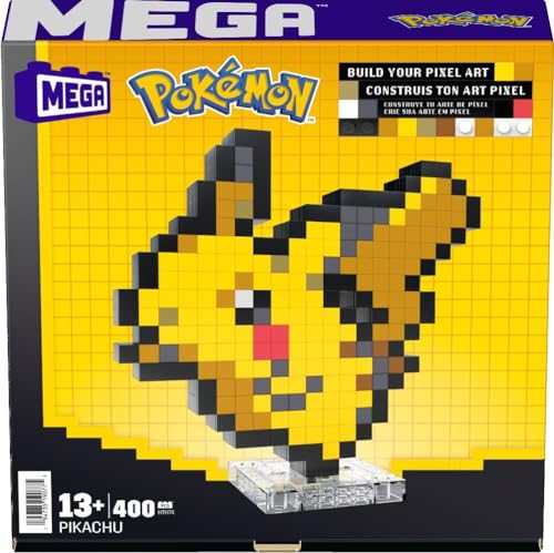Mega Pokémon Pikachu Construction Set, Articulated Figure, Retro Pixelated Style, 15 cm, Wall or Table Decoration, 400 Pieces, Collectable, Children's Toy, Age 7 Years, HTH74