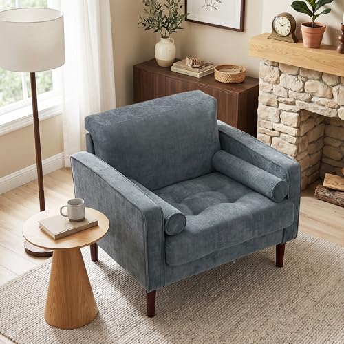 Image of Accent Chairs Stet of 2, Chenille Upholstered Armchairs for Living Room, Comfy Single Sofa Bedroom Reading Seat with 2 Bolster Pillows, Blue