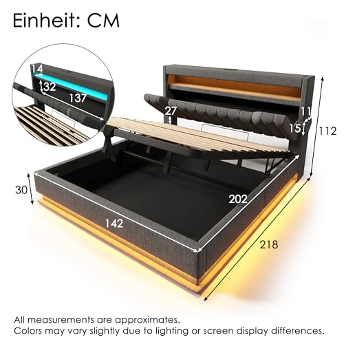 Polsterbett Doppelbett 140x200, LED Jugendbett Hydraulisches Bett Stauraumbett Funktionsbett Bettgestell mit Stauraum&Lattenrost, Stauraum-Kopfteil mit USB Type-C Aufladen, Leinen, Ohne Matratze, Grau – Bild 3
