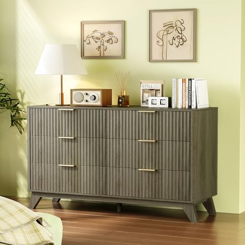 Image of VINGLI Fluted Grey Dresser 6 Drawer Gray Dresser with Rounded Edges, Grey Dressers for Bedroom, 46.8 inch W*15.5 inch D*31 inch H
