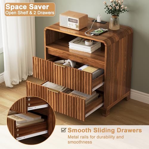 Image of Night Stand Fluted Nightstand with Charging Station, 24 inch Wide Modern Side Table with 2 Drawers and Open Storage Cabinet, Wood Dresser Bedside End Table for Bedroom, Walnut